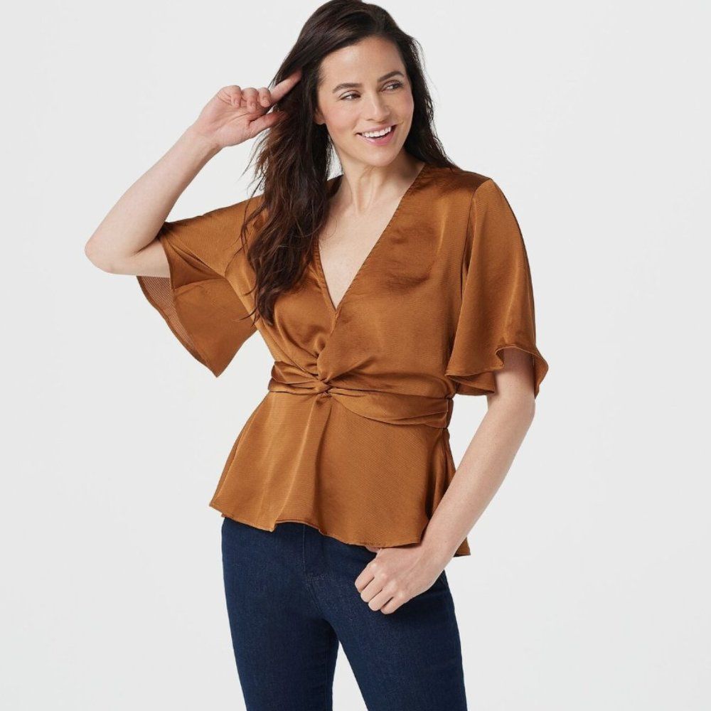 Anthropologie NWT Bishop + Young Pebbled Satin Front Twist Karlie Top Size Large